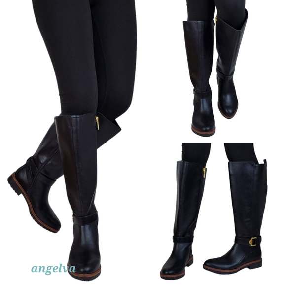 New Tommy Hilfiger frankly wide calf faux leather riding boots black gold wide - Picture 3 of 14